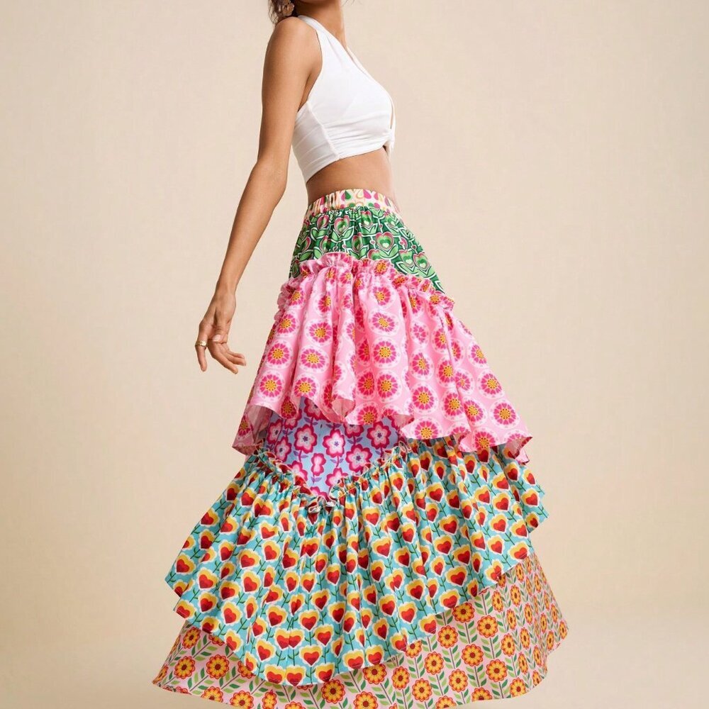 Multicolor Boho Women's Patchwork Asymmetric A-Line Floral Tiered Skirt - Picture 6 of 7
